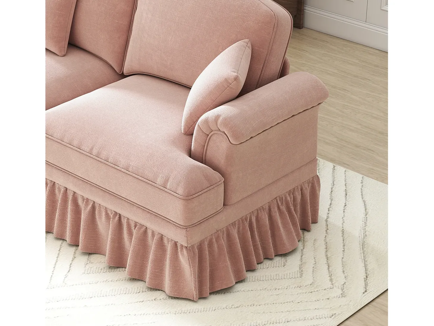 Sofá de 2 lugares com apoio lombar e saia plissada removível - Tecido chenille - Rosa