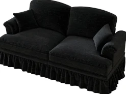 Sofá de 2 lugares com apoio lombar e saia plissada removível - Tecido chenille - Preto