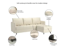 Sofá de 3 lugares com arrumação/chaise longue reversível em tecido crème