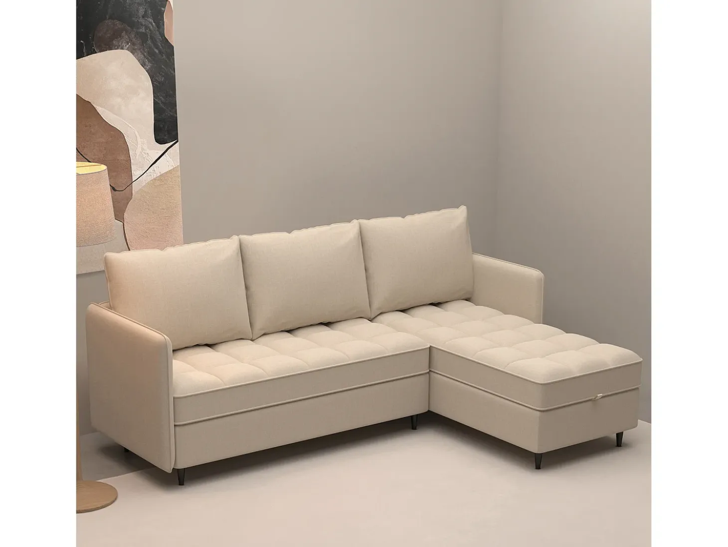 Sofá de 3 lugares com arrumação/chaise longue reversível em tecido crème
