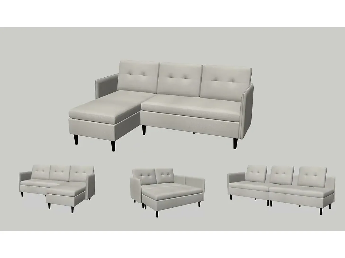 Sofá de 3 lugares com arrumação/chaise longue reversível em tecido crème