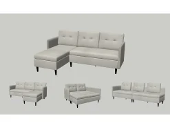 Sofá de 3 lugares com arrumação/chaise longue reversível em tecido crème