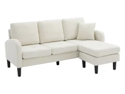 Sofá de 3 lugares com chaise longue – Sofá de canto com bolsos laterais – tecido de algodão e linho bege claro