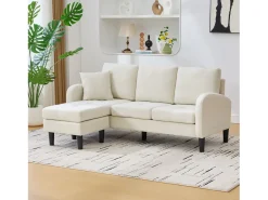 Sofá de 3 lugares com chaise longue – Sofá de canto com bolsos laterais – tecido de algodão e linho bege claro