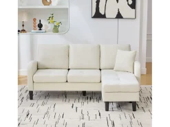 Sofá de 3 lugares com chaise longue – Sofá de canto com bolsos laterais – tecido de algodão e linho bege claro