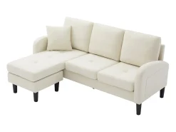 Sofá de 3 lugares com chaise longue – Sofá de canto com bolsos laterais – tecido de algodão e linho bege claro