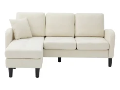 Sofá de 3 lugares com chaise longue – Sofá de canto com bolsos laterais – tecido de algodão e linho bege claro