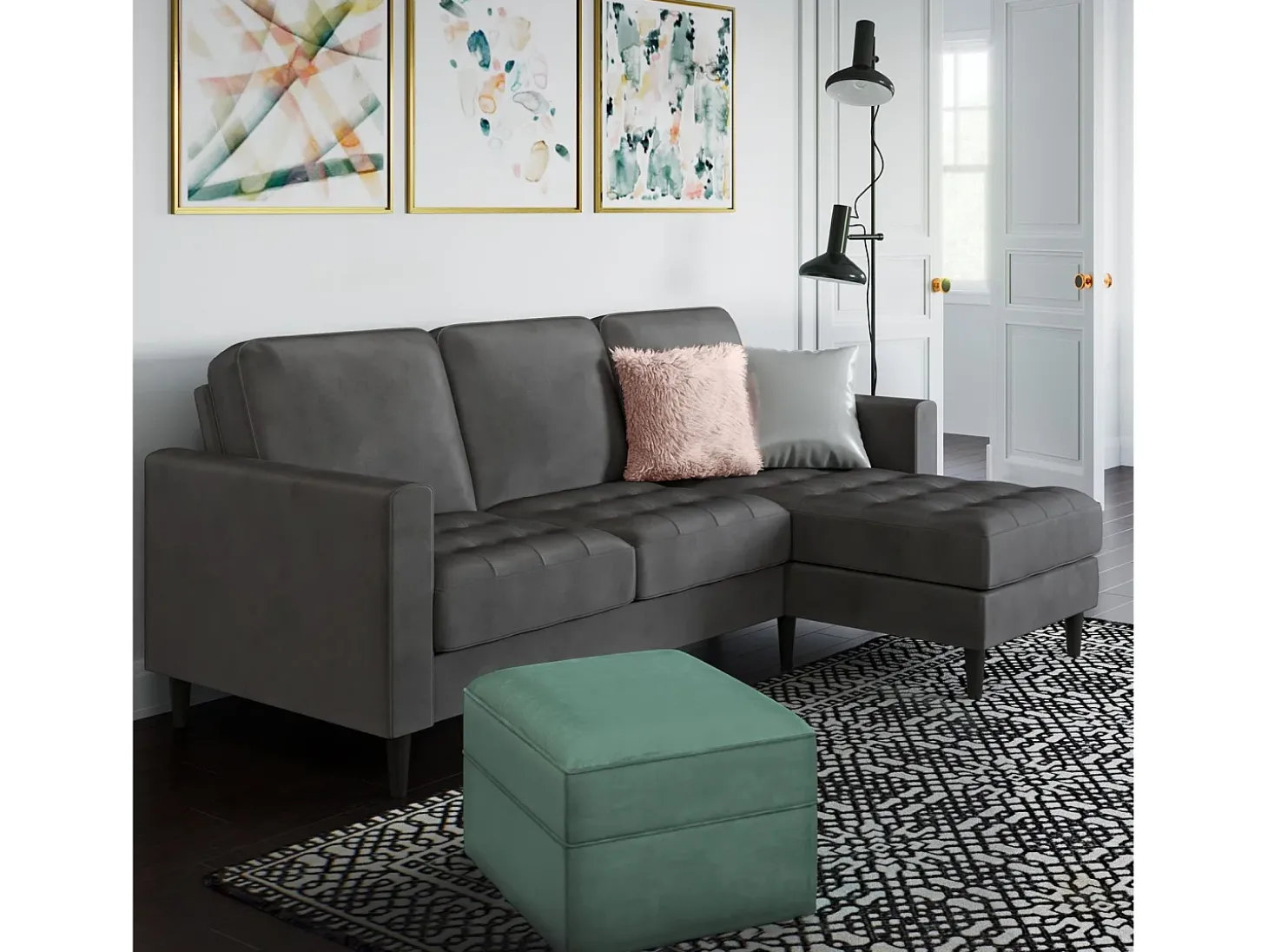 Sofá de 3 lugares com chaise longue em veludo cinzento