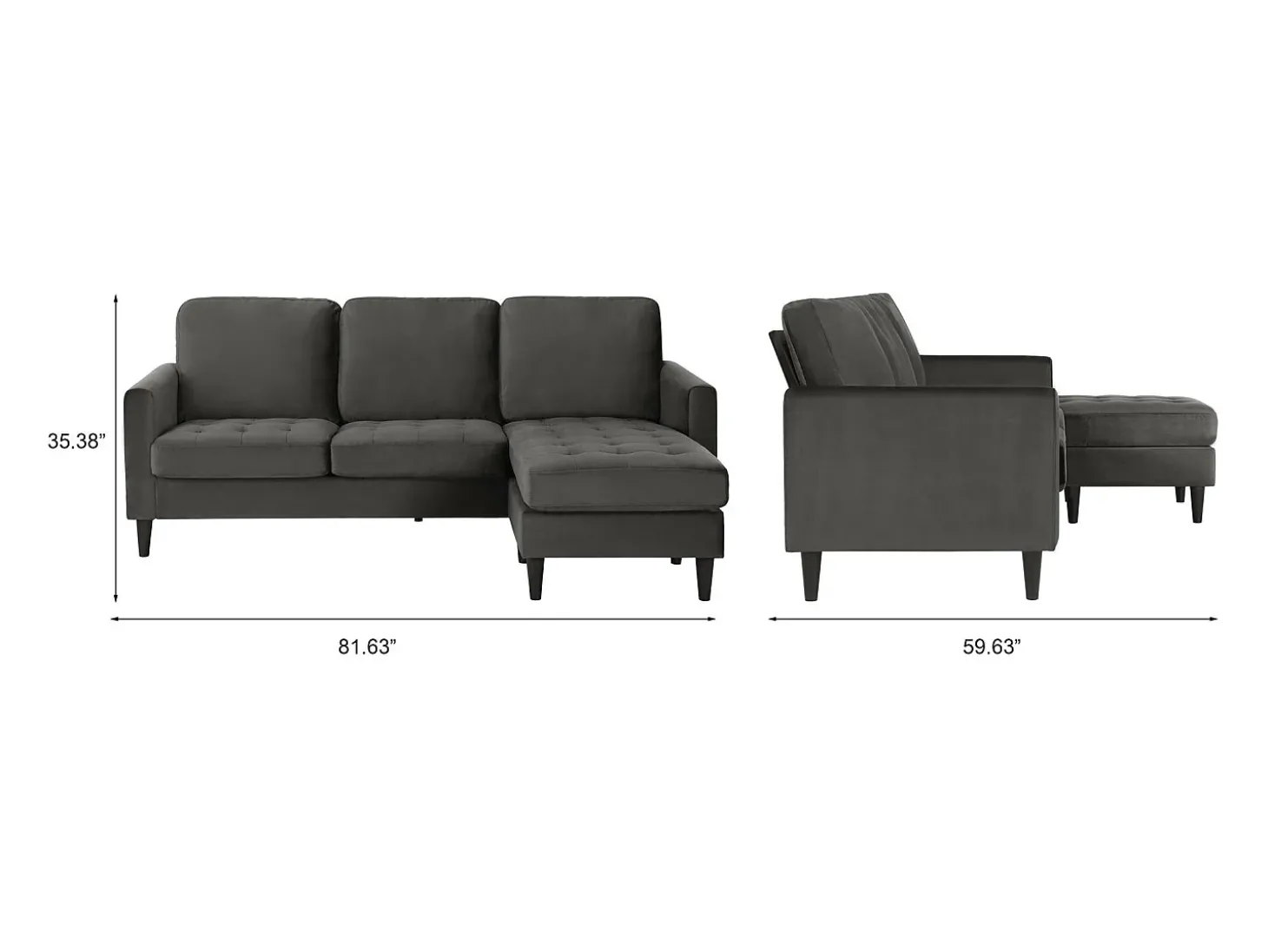 Sofá de 3 lugares com chaise longue em veludo cinzento