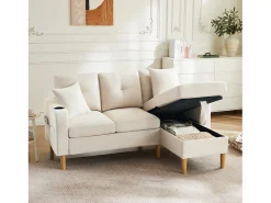 Sofá de 3 lugares com chaise longue - 175 x 129 x 90 cm - com arrumação + 2 almofadas - algodão + linho - bege