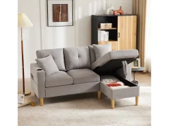 Sofá de 3 lugares com chaise longue - 175 x 129 x 90 cm - com arrumação + 2 almofadas - algodão + linho - cinza claro