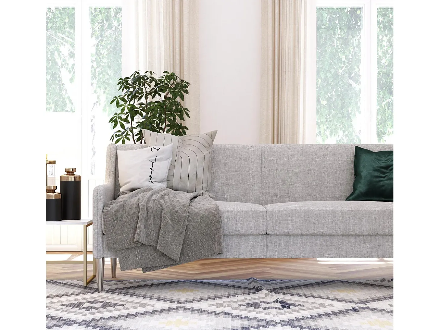 Sofá de 2 lugares com chaise longue em linho cinzento claro