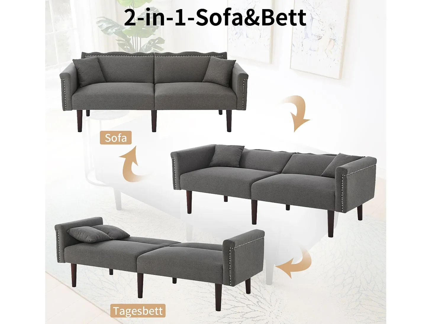Sofá de 2 lugares com encosto ajustável - 176 x 72 x 72 cm - Tecido de algodão-linho e pernas de metal - Cinza