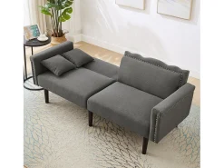Sofá de 2 lugares com encosto ajustável - 176 x 72 x 72 cm - Tecido de algodão-linho e pernas de metal - Cinza