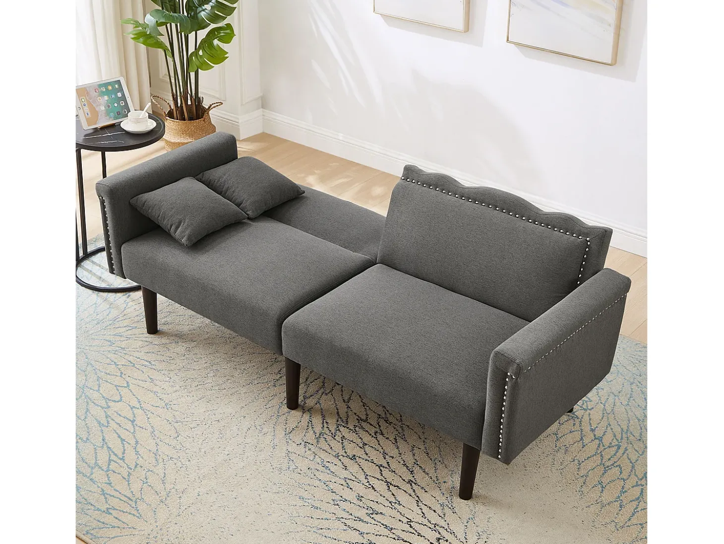 Sofá de 2 lugares com encosto ajustável - 176 x 72 x 72 cm - Tecido de algodão-linho e pernas de metal - Cinza
