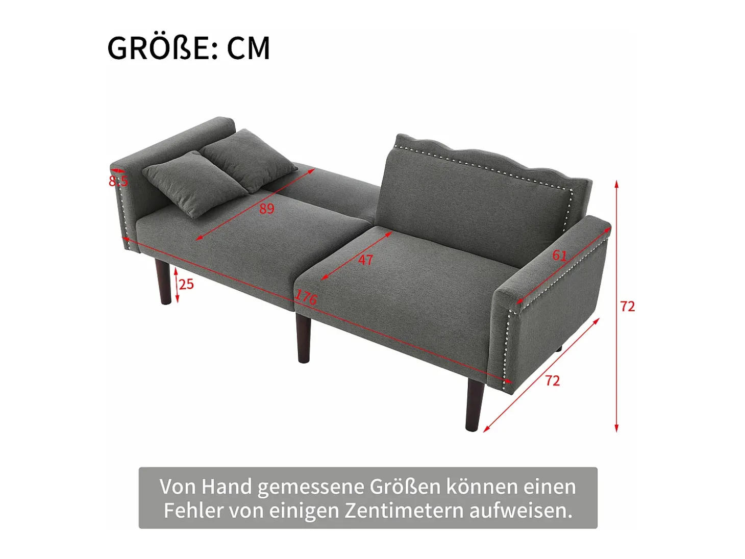 Sofá de 2 lugares com encosto ajustável - 176 x 72 x 72 cm - Tecido de algodão-linho e pernas de metal - Cinza