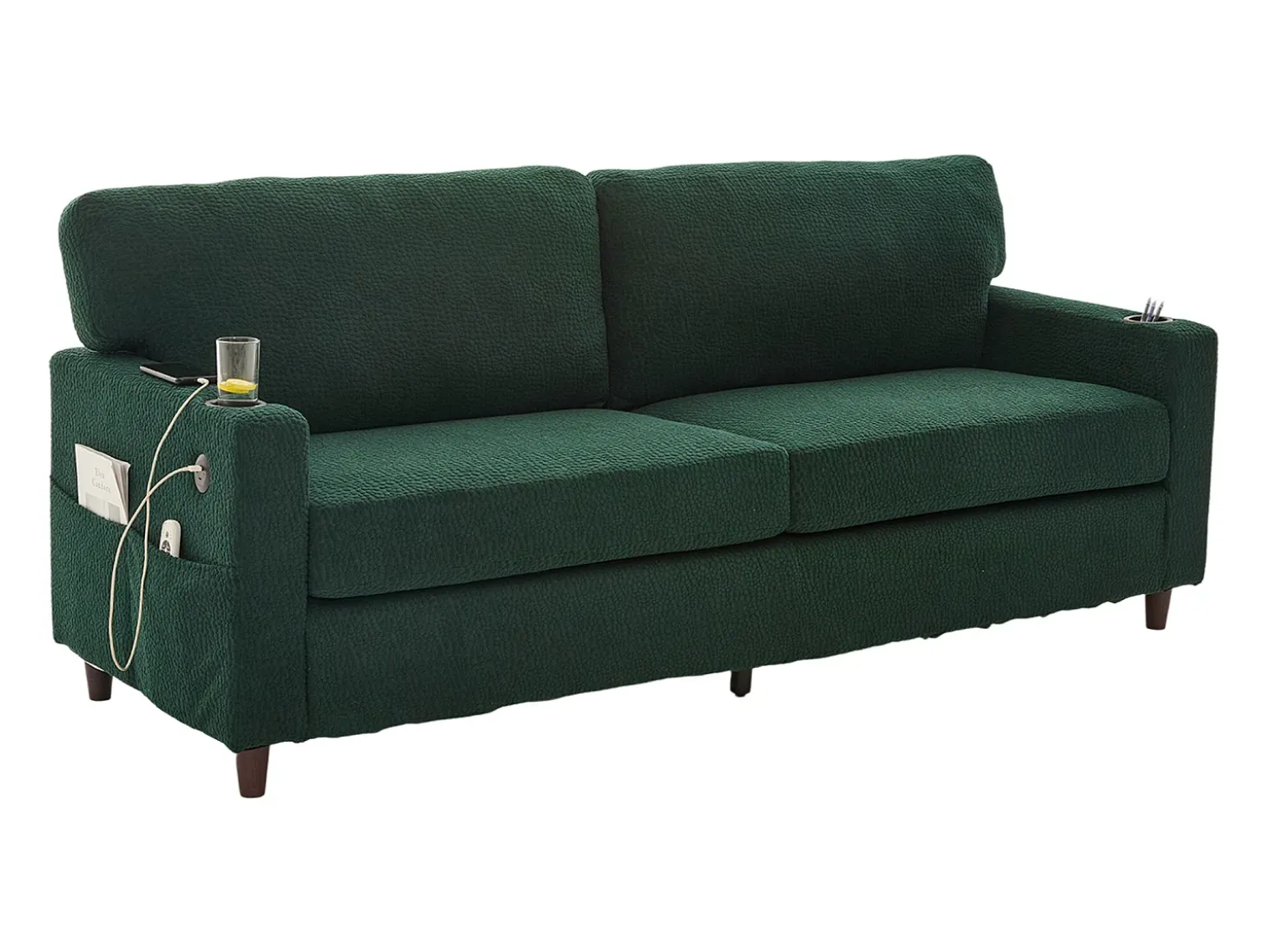 Sofá de 2 lugares com iluminação LED - Sofá reto com suporte para copos e bolsos laterais - chenille verde