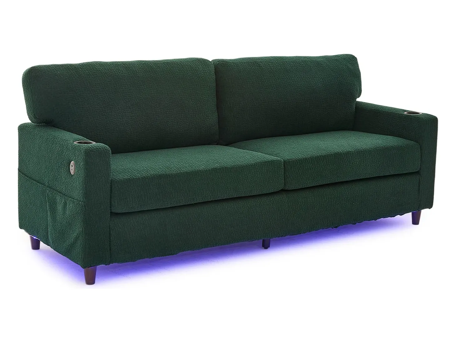Sofá de 2 lugares com iluminação LED - Sofá reto com suporte para copos e bolsos laterais - chenille verde