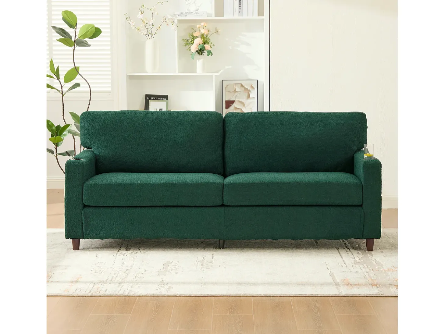 Sofá de 2 lugares com iluminação LED - Sofá reto com suporte para copos e bolsos laterais - chenille verde