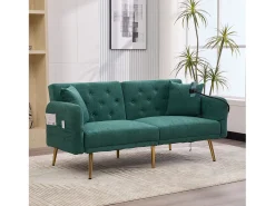 Sofá de 2 lugares com portas USB - Sofá reto com suporte para telemóvel e bolsos laterais - Encosto ajustável - Veludo verde