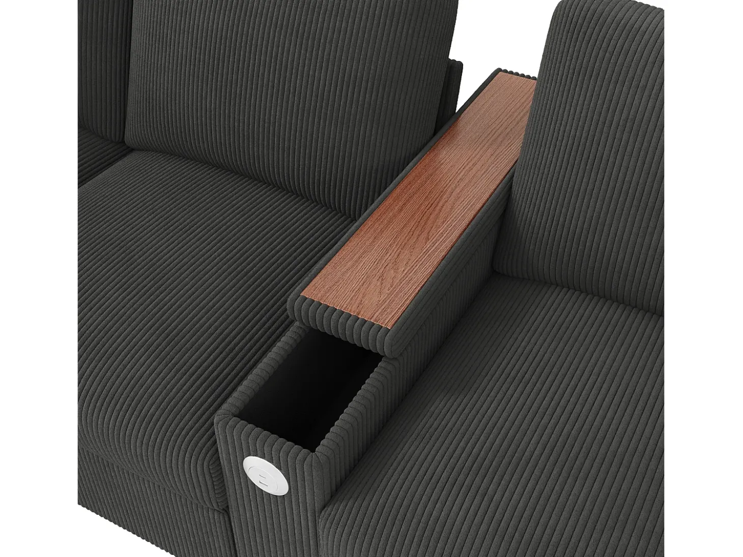 Sofá de 4 lugares com portas USB/Tipo C e espaço de arrumação - Veludo cotelê cinzento