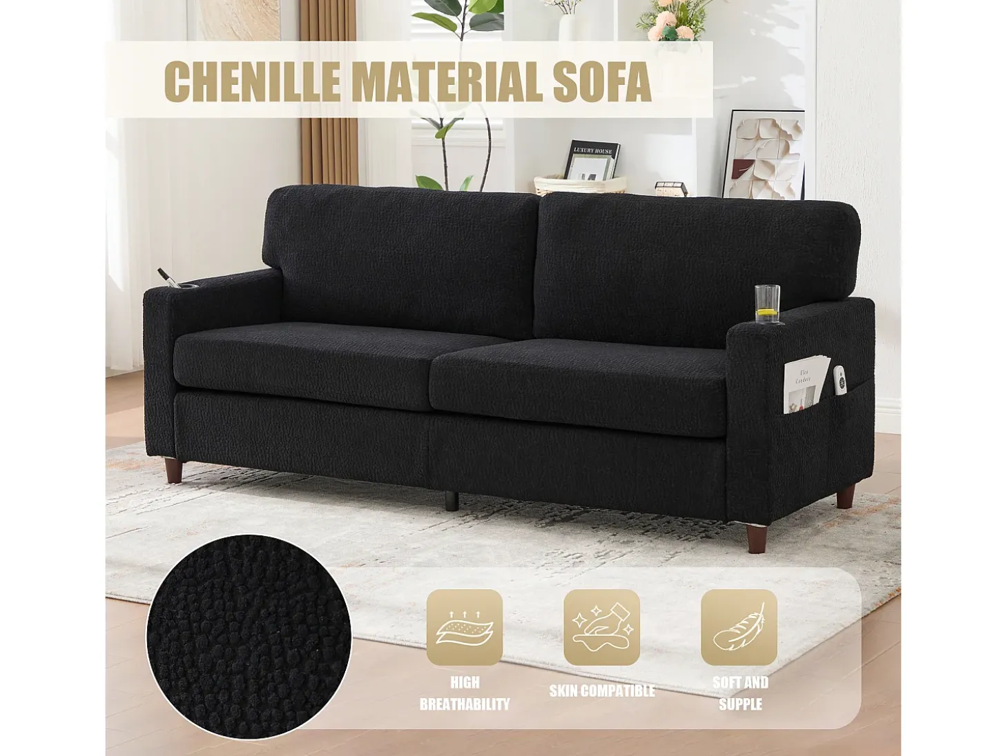 Sofá de 2 lugares com porta USB-C, luz LED e bolsos laterais - Tecido chenille - Preto