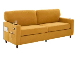 Sofá de 2 lugares com porta USB-C, iluminação LED e bolsos laterais - Tecido chenille - Amarelo mostarda