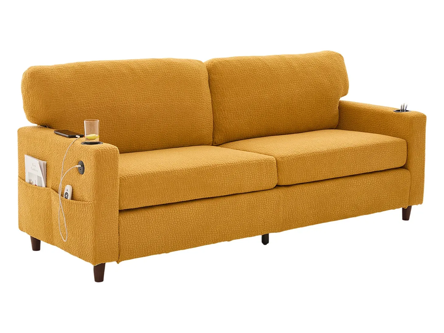 Sofá de 2 lugares com porta USB-C, iluminação LED e bolsos laterais - Tecido chenille - Amarelo mostarda