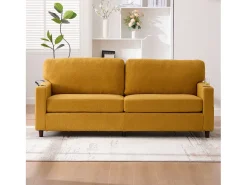 Sofá de 2 lugares com porta USB-C, iluminação LED e bolsos laterais - Tecido chenille - Amarelo mostarda