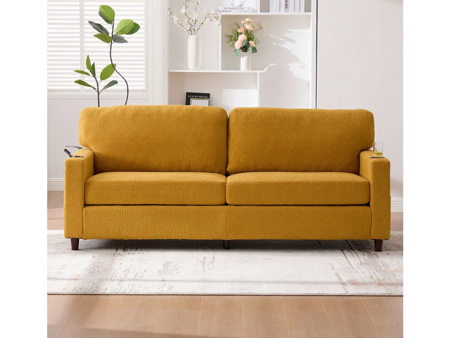 Sofá de 2 lugares com porta USB-C, iluminação LED e bolsos laterais - Tecido chenille - Amarelo mostarda