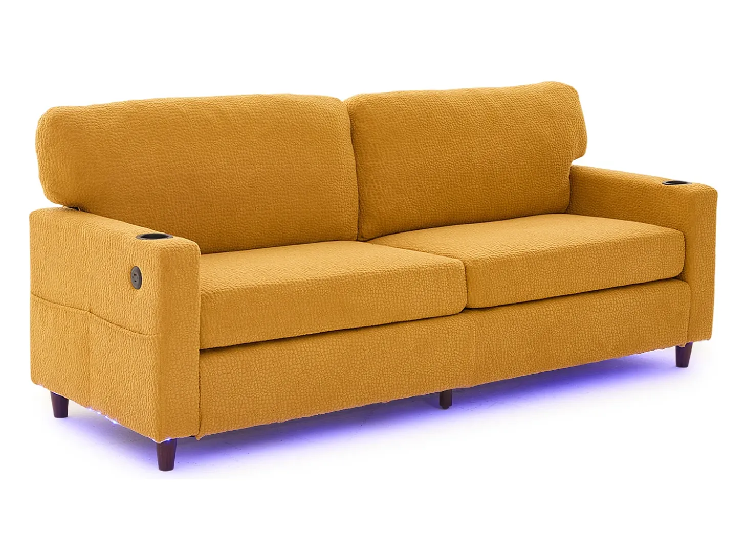 Sofá de 2 lugares com porta USB-C, iluminação LED e bolsos laterais - Tecido chenille - Amarelo mostarda
