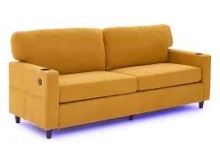Sofá de 2 lugares com porta USB-C, iluminação LED e bolsos laterais - Tecido chenille - Amarelo mostarda