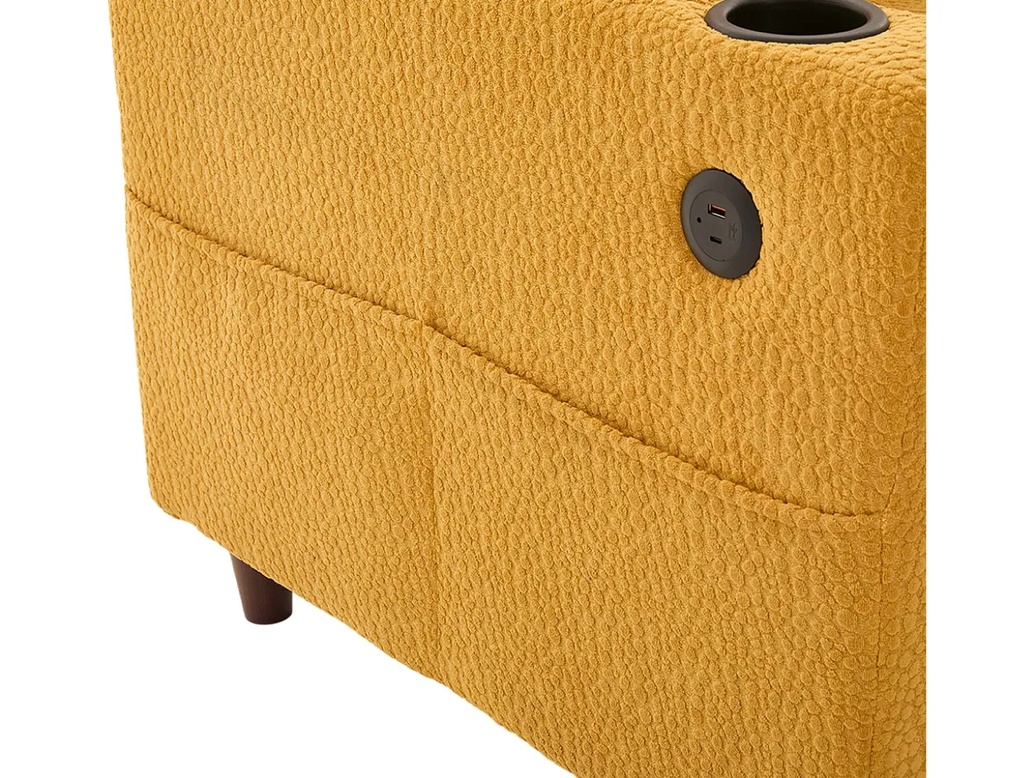 Sofá de 2 lugares com porta USB-C, iluminação LED e bolsos laterais - Tecido chenille - Amarelo mostarda