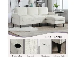 Sofá de 4 lugares com pufe - 196,5 x 75 x 77 cm - com armazenamento + braços - veludo - bege