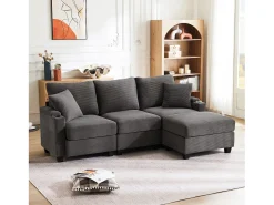 Sofá de 3 lugares com pufe - 213,5 x 139 x 87 cm - com 2 almofadas - veludo - cinza escuro