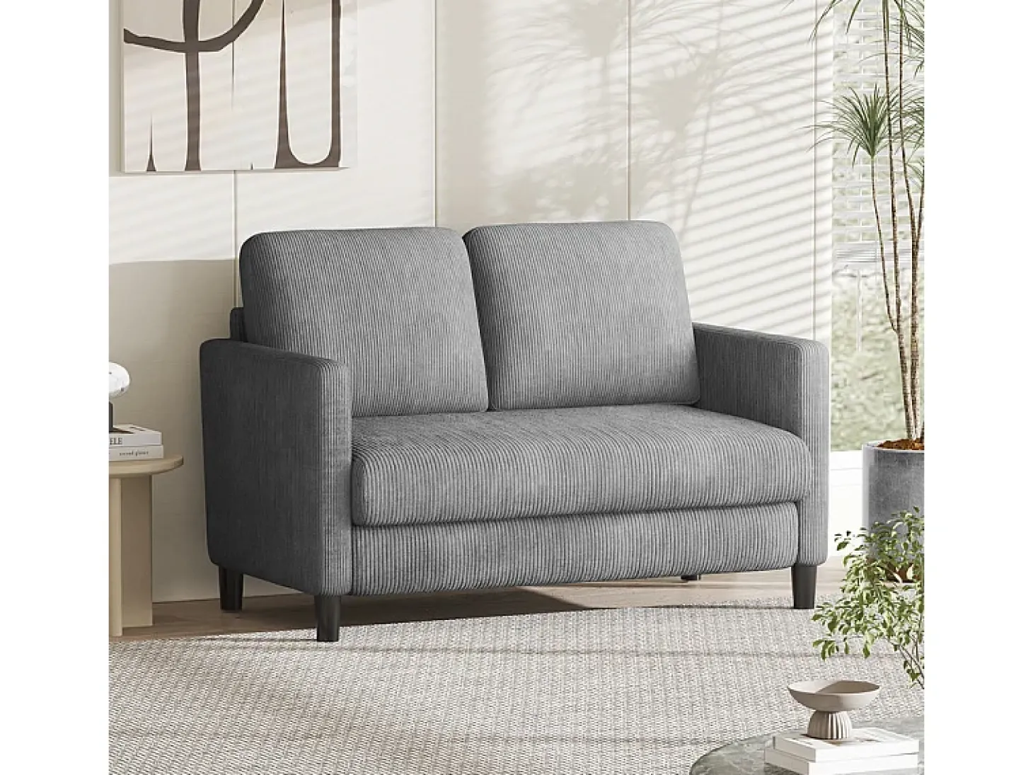 Sofá de 2 lugares confortável em veludo canelado Cinza - 58cm profundidade do assento - carga máxima 300kg - 129x78x89cm