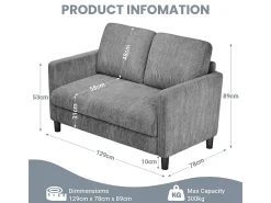 Sofá de 2 lugares confortável em veludo canelado Cinza - 58cm profundidade do assento - carga máxima 300kg - 129x78x89cm