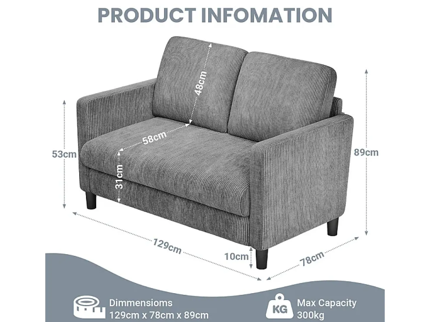 Sofá de 2 lugares confortável em veludo canelado Cinza - 58cm profundidade do assento - carga máxima 300kg - 129x78x89cm
