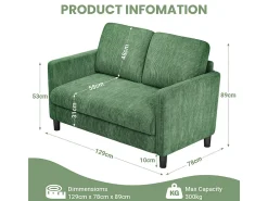 Sofá de 2 lugares confortável em veludo canelado Verde - 58cm profundidade do assento - carga máxima 300kg - 129x78x89cm