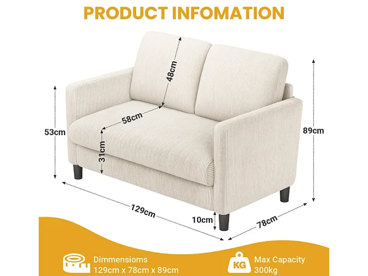 Sofá de 2 lugares confortável em veludo canelado Bege - 58cm profundidade do assento - carga máxima 300kg - 129x78x89cm