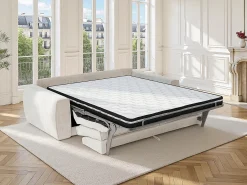 Sofá de 3 lugares conversível express em tecido chenille bege 140 cm colchão 13 cm VOMERA