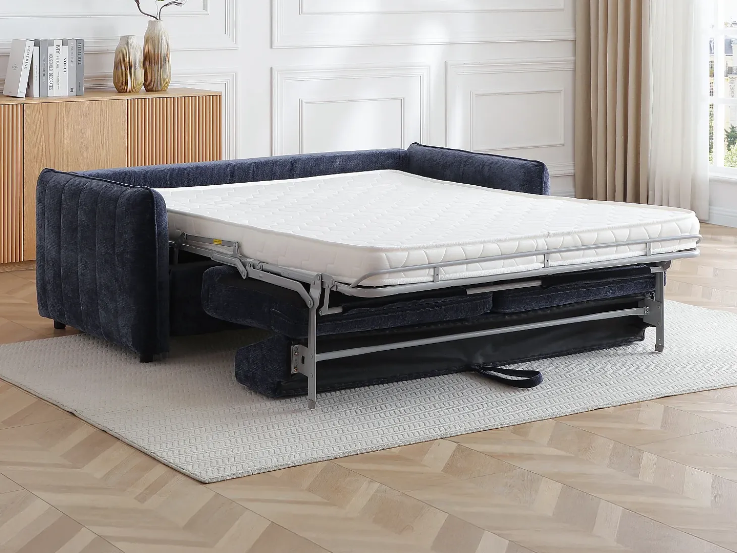 Sofá de 3 lugares conversível expresso em tecido texturizado azul - Área de dormir 145 cm MALOGU