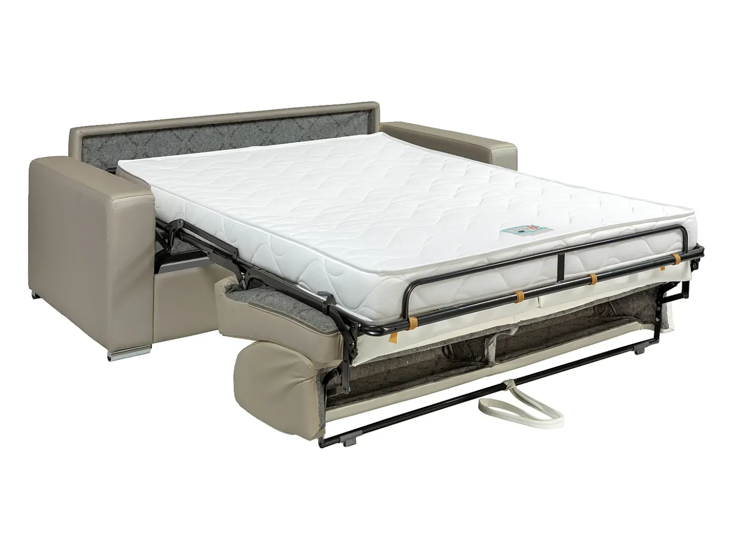 Sofá de 3 lugares conversível expresso em couro taupe. Cama 140 cm. Colchão 14 cm. CALITO