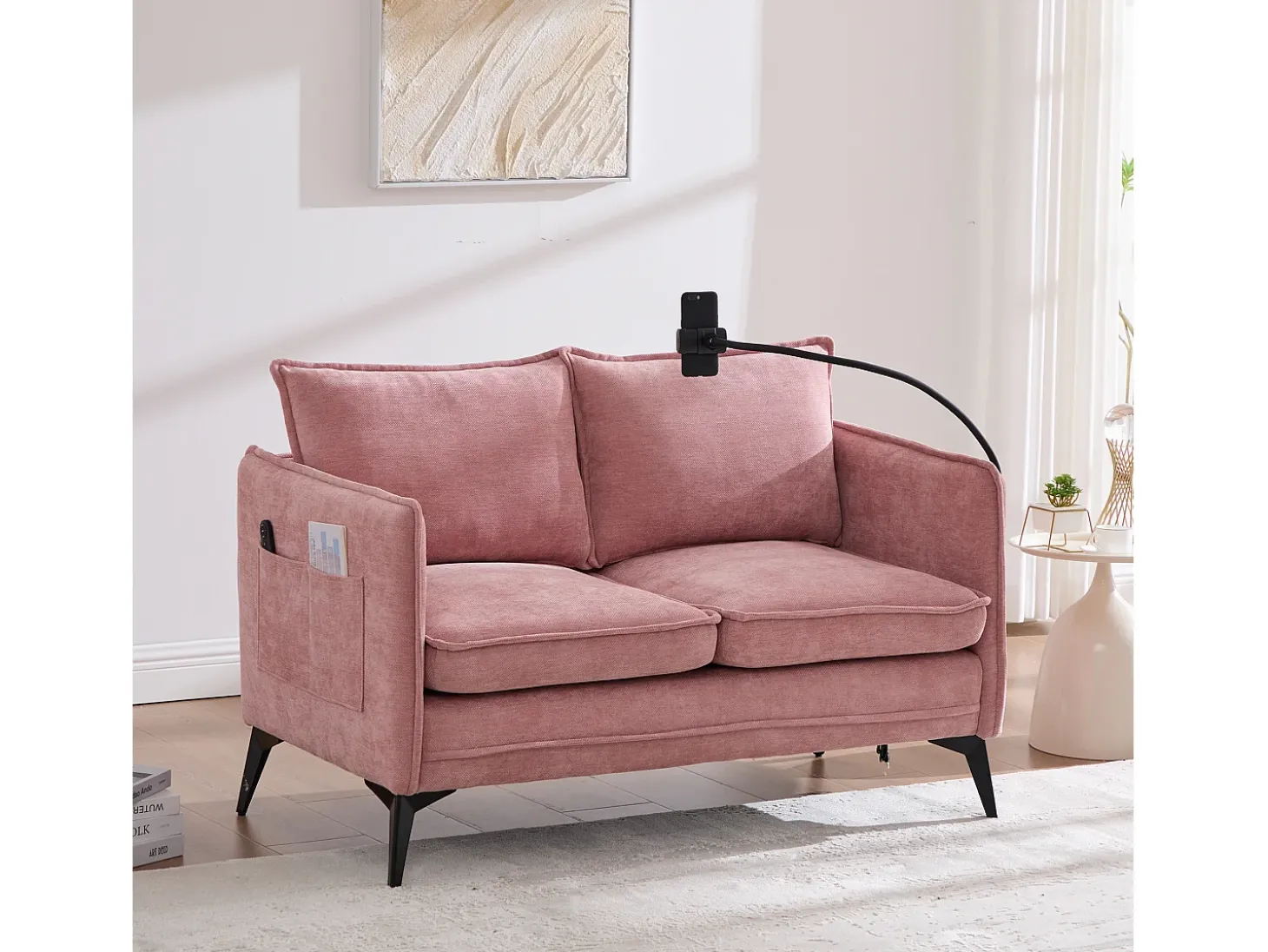 Sofá de 2 lugares cor-de-rosa - com compartimentos laterais para arrumação e suporte para telemóvel - chenille - para sala de estar e quarto