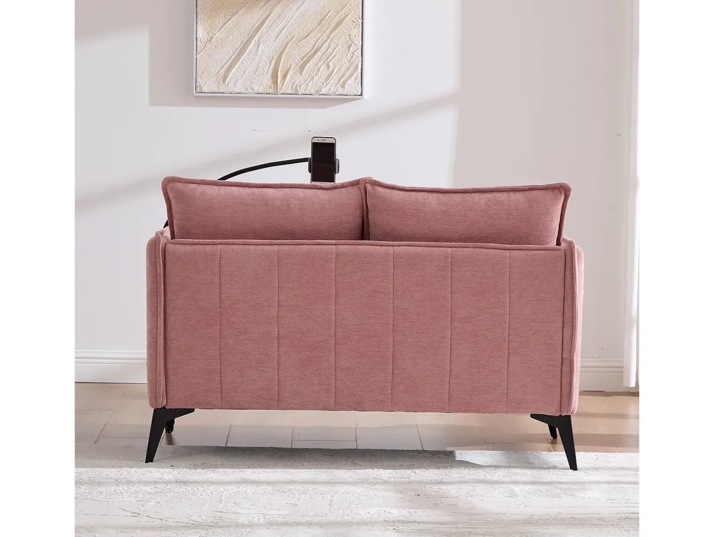Sofá de 2 lugares cor-de-rosa - com compartimentos laterais para arrumação e suporte para telemóvel - chenille - para sala de estar e quarto