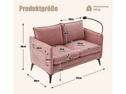 Sofá de 2 lugares cor-de-rosa - com compartimentos laterais para arrumação e suporte para telemóvel - chenille - para sala de estar e quarto