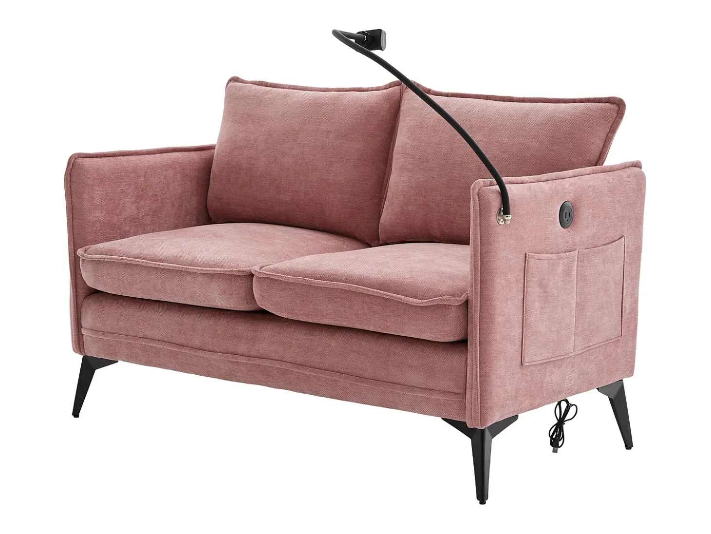Sofá de 2 lugares cor-de-rosa - com compartimentos laterais para arrumação e suporte para telemóvel - chenille - para sala de estar e quarto