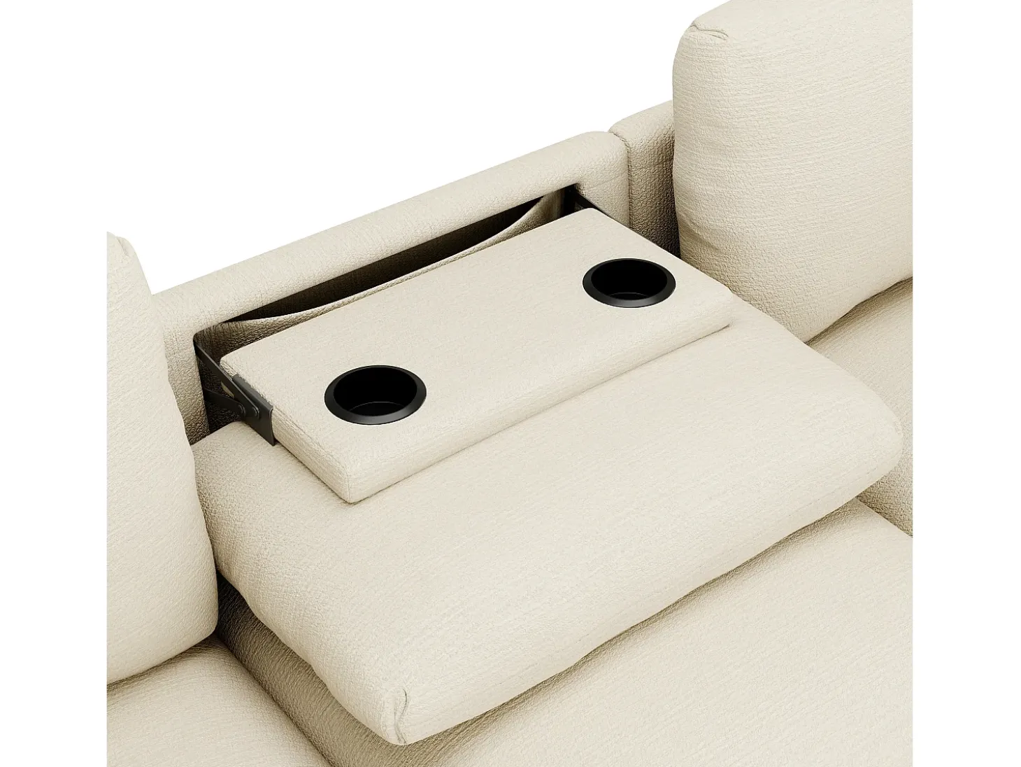 Sofá de 3 lugares em chenille bege - Almofadas, mesa de apoio dobrável, entradas USB e espaço para arrumação.