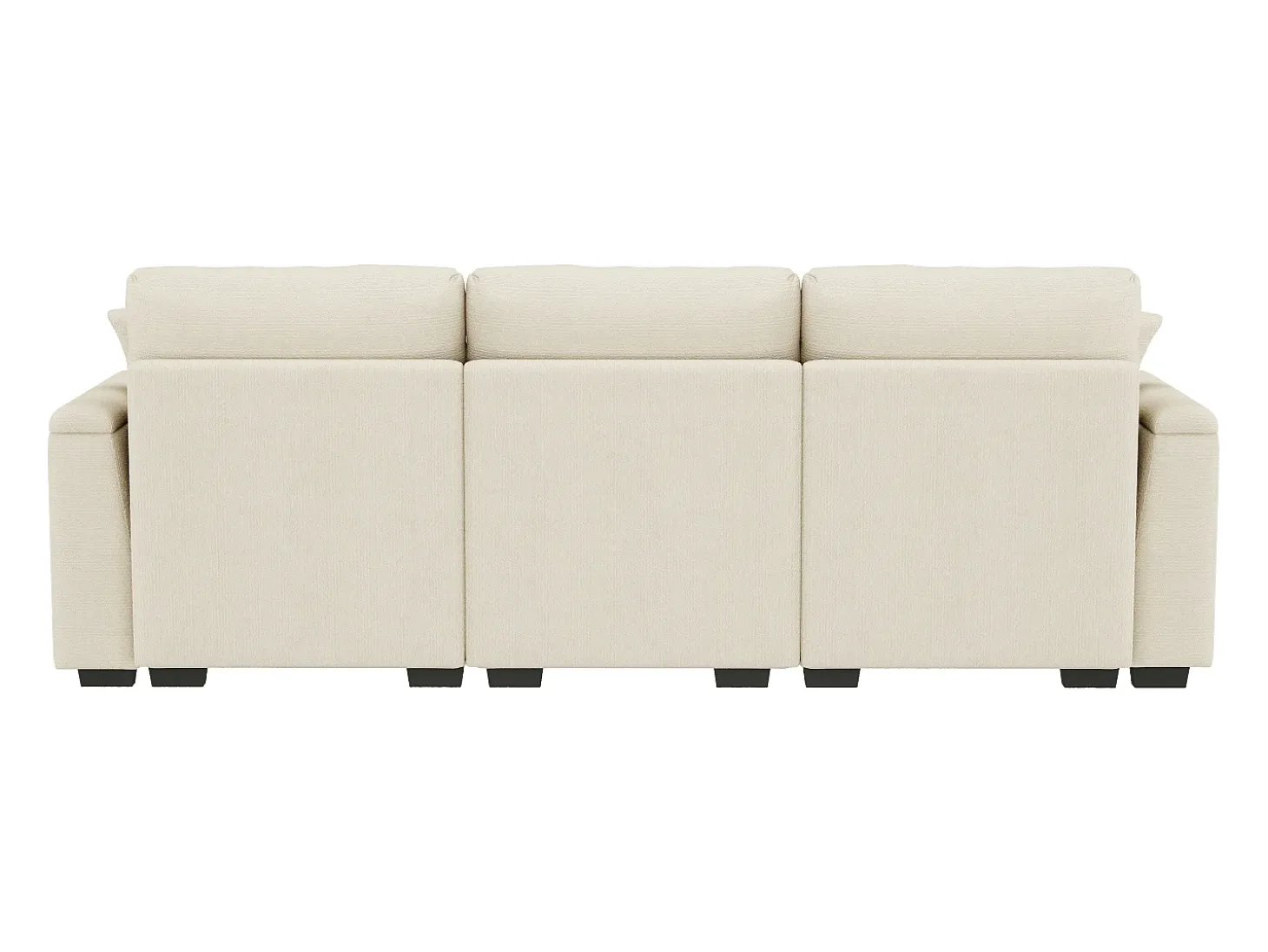 Sofá de 3 lugares em chenille bege - Almofadas, mesa de apoio dobrável, entradas USB e espaço para arrumação.