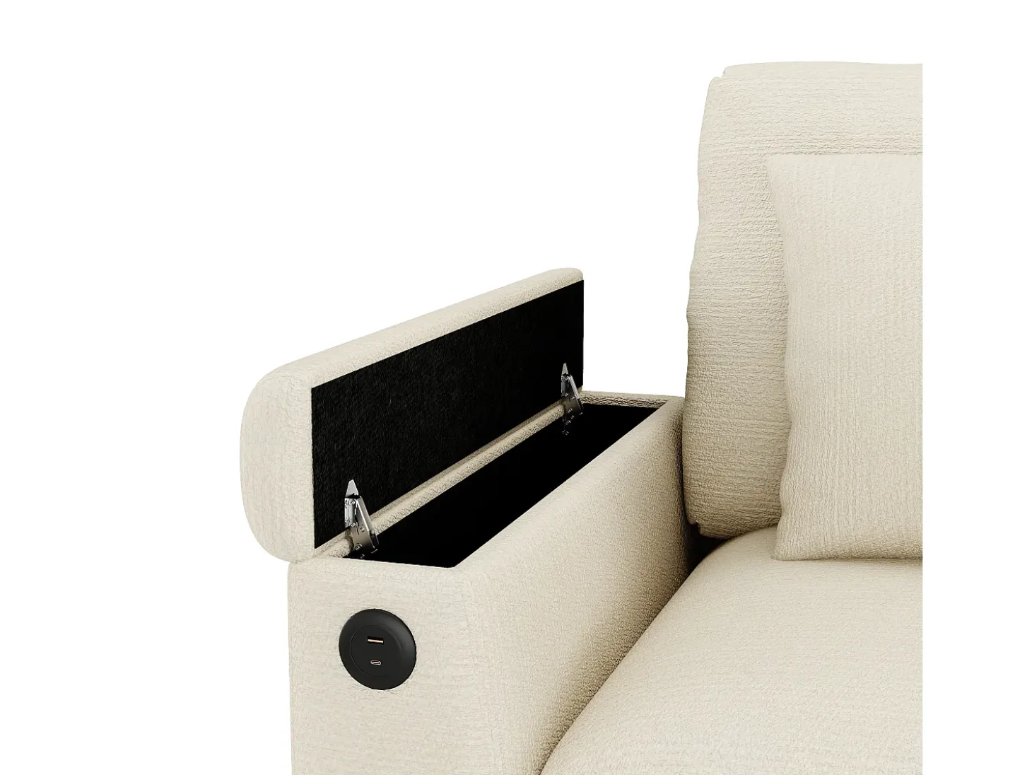 Sofá de 3 lugares em chenille bege - Almofadas, mesa de apoio dobrável, entradas USB e espaço para arrumação.